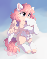 Size: 2500x3100 | Tagged: safe, artist:dreamweaverpony, derpibooru import, oc, oc only, oc:linen, pegasus, rabbit, animal, beautiful, blank flank, bunny plushie, cloud, commission, curly hair, cute, diabetes, female, fluffy, huggable, hugging a plushie, mare, multicolored coat, on a cloud, pink coat, pink hair, plushie, pretty, pretty eyes, sitting, sitting on cloud, sky, solo, teenager