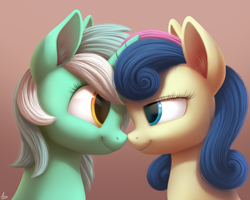 Size: 2500x2000 | Tagged: safe, artist:luminousdazzle, derpibooru import, bon bon, lyra heartstrings, sweetie drops, earth pony, pony, unicorn, digital art, eye contact, female, lesbian, looking at each other, lyrabon, mare, shipping, smiling