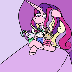 Size: 1000x1000 | Tagged: safe, artist:crownofslime, derpibooru import, princess cadance, oc, oc:love letter, oc:peppermint wish, oc:twinkletoes, alicorn, earth pony, pony, unicorn, baby, baby pony, colored, female, magical lesbian spawn, mother, mother and child, mother and daughter, newborn filly, offspring, parent and child, parent:minty mocha, parent:princess cadance, triplets