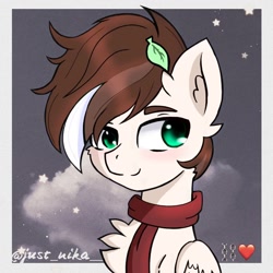 Size: 1080x1080 | Tagged: dead source, safe, artist:just_nika__, derpibooru import, oc, oc only, pegasus, pony, bust, chest fluff, clothes, ear fluff, pegasus oc, scarf, smiling, solo, wings