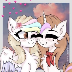 Size: 1080x1080 | Tagged: dead source, safe, artist:just_nika__, derpibooru import, oc, oc only, pegasus, pony, unicorn, blushing, bust, chest fluff, cloud, duo, ear fluff, eyes closed, flower, flower in hair, heart, horn, one eye closed, pegasus oc, smiling, unicorn oc, wings, wink