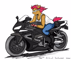 Size: 3308x2772 | Tagged: safe, artist:zalla661, derpibooru import, babs seed, anthro, earth pony, pony, arm freckles, boots, clothes, digital art, female, female focus, freckles, gloves, goggles, motorcycle, muscles, muscular female, shoes, short hair, smiling, solo, tanktop, vehicle