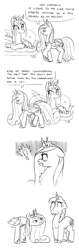 Size: 1919x6096 | Tagged: safe, anonymous artist, derpibooru import, princess cadance, queen chrysalis, shining armor, alicorn, changeling, changeling queen, pony, unicorn, angry, comic, cutie mark, exclamation point, female, implied infidelity, implied shining chrysalis, implied shipping, implied straight, liar face, monochrome, oh crap face, simple background, smug, sofa, sweat, sweating profusely, text, this will not end well, white background, woonoggles