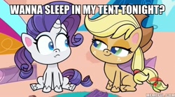 Size: 600x334 | Tagged: safe, derpibooru import, edit, edited screencap, screencap, applejack, rarity, earth pony, pony, unicorn, a camping we will go, my little pony: pony life, spoiler:pony life s01e15, caption, female, image macro, lesbian, rarijack, shipping, sitting, text