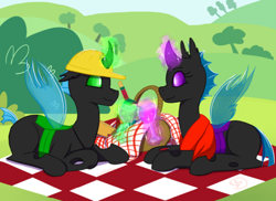 Size: 500x363 | Tagged: safe, derpibooru import, oc, changeling, basket, female, green changeling, hard hat, magic, male, oc x oc, picnic, picnic basket, picnic blanket, purple changeling, shipping, straight