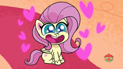 Size: 1280x720 | Tagged: safe, derpibooru import, screencap, fluttershy, pegasus, pony, dol-fin-ale, my little pony: pony life, spoiler:pony life s01e18, cute, heart, shyabetes, sitting, solo, treehouse logo