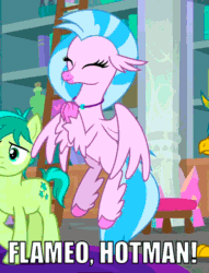 Size: 530x692 | Tagged: safe, derpibooru import, edit, edited screencap, screencap, gallus, sandbar, silverstream, classical hippogriff, griffon, hippogriff, pony, school raze, aang, animated, avatar silverstream, avatar the last airbender, caption, clapping, colored hooves, cropped, cute, diastreamies, female, flying, gif, image macro, loop, male, meme, text