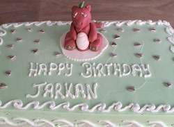 Size: 1193x872 | Tagged: safe, derpibooru import, spike (g1), dragon, g1, :p, birthday cake, cake, fondant, food, happy birthday, heart, male, photo, solo, text, tongue out