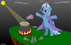 Size: 1024x645 | Tagged: safe, artist:joko-zuno, derpibooru import, trixie, bipedal, cape, cauldron, clothes, fire, magic, magic aura, missing cutie mark, moonlight, potion, rainbow