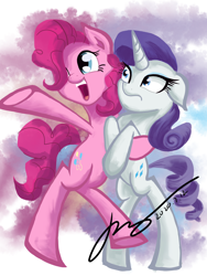 Size: 2250x3000 | Tagged: safe, artist:musical ray, derpibooru import, pinkie pie, rarity, earth pony, pony, unicorn, bipedal, female, lesbian, raripie, shipping