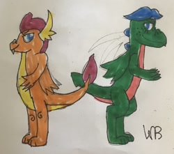 Size: 1280x1129 | Tagged: safe, artist:whistle blossom, derpibooru import, smolder, oc, oc:moonstone the dragon, dragon, dragon oc, dragoness, duo, eye contact, female, folded wings, freckles, looking at each other, signature, simple background, standing, teenaged dragon, teenager, traditional art, white background, wings