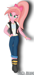 Size: 952x2072 | Tagged: safe, artist:cyber-murph, derpibooru import, oc, oc only, oc:ruby sunshine, equestria girls, bedroom eyes, boots, bow, clothes, ear piercing, earring, hand on hip, jacket, jeans, jewelry, pants, piercing, ponytail, shoes, signature, simple background, solo, transparent background, vector