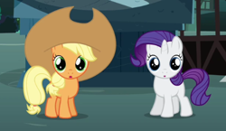 Size: 494x287 | Tagged: safe, derpibooru import, screencap, apple bloom, applejack, rarity, sweetie belle, earth pony, pony, unicorn, magic duel, applejack's hat, cowboy hat, cropped, cute, disguise, female, filly, filly applejack, filly rarity, foal, hat, jackabetes, looking at you, ponyville, raribetes, statue, younger