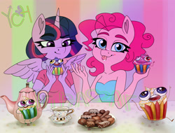 Size: 5000x3800 | Tagged: safe, artist:irinamar, derpibooru import, cup cake, pinkie pie, twilight sparkle, twilight sparkle (alicorn), alicorn, anthro, earth pony, pegasus, pony, unicorn, chocolate, commission, cup, eating, food, messy eating, running, tea, teacup, this will end in death, this will end in tears, this will end in tears and/or death, tongue out, your character here, your character here auction