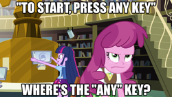 Size: 1024x576 | Tagged: safe, derpibooru import, edit, edited screencap, screencap, cheerilee, twilight sparkle, equestria girls, equestria girls (movie), caption, computer, image macro, irritated, simpsons did it, text