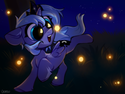 Size: 2000x1500 | Tagged: safe, artist:vensual99, derpibooru import, princess luna, alicorn, firefly (insect), insect, pony, cute, ear fluff, female, filly, happy, leg fluff, lunabetes, night, open mouth, solo, stars, woona, younger