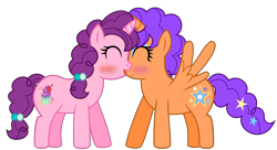 Size: 11396x6209 | Tagged: safe, alternate version, artist:nupiethehero, derpibooru import, sugar belle, oc, oc:nupie, oc:starlena, alicorn, alicorn oc, alternate universe, cute, female, horn, kissing, lesbian, mare, mare x mare, nupiebelle, rule 63, show accurate, simple background, sugarlena, transparent background, wings