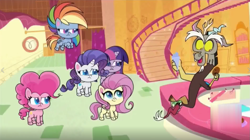 Size: 1187x664 | Tagged: safe, derpibooru import, screencap, discord, fluttershy, pinkie pie, rainbow dash, rarity, twilight sparkle, earth pony, pegasus, pony, unicorn, discord's peak, my little pony: pony life, spoiler:pony life s01e14, cookie, food, smiling, smoothie, unamused