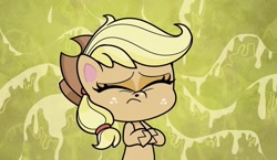 Size: 1426x828 | Tagged: safe, derpibooru import, screencap, applejack, sniffles, earth pony, pony, my little pony: pony life, sick day, spoiler:pony life s01e20, applejack's hat, cowboy hat, eyes closed, hat, sick, sniffling, solo