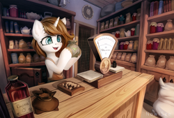 Size: 2500x1693 | Tagged: safe, artist:inowiseei, derpibooru import, oc, oc only, pony, unicorn, abacus, book, bottle, clock, clothes, counter, cup, cyrillic, female, flour sack, food, high res, holding, jar, mare, merchant, open mouth, russian, samovar, scale, shop, smiling, solo, tea, teacup
