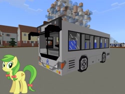 Size: 2048x1536 | Tagged: safe, artist:eugenebrony, artist:topsangtheman, derpibooru import, apple fritter, earth pony, pony, topsangtheman's minecraft server, apple family member, bus, house, looking at you, minecraft, photoshopped into minecraft, solo