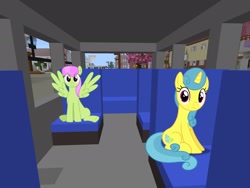 Size: 2048x1536 | Tagged: safe, artist:bluemeganium, artist:topsangtheman, derpibooru import, lemon hearts, merry may, pegasus, pony, unicorn, topsangtheman's minecraft server, bus, looking at you, minecraft, photoshopped into minecraft, sitting