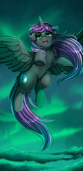 Size: 2117x4387 | Tagged: safe, artist:pridark, derpibooru import, oc, oc:aurora, alicorn, pony, absurd resolution, alicorn oc, aurora borealis, commission, cutie mark, flying, horn, open mouth, pun, solo, visual pun, wings