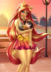 Size: 2850x4000 | Tagged: safe, artist:anxiety-chan, sunset shimmer, anthro, unicorn, adorasexy, arm under breasts, bench, black swimsuit, blushing, breasts, clothes, cute, cutie mark swimsuit, ear fluff, jeweled swimsuit, lake, lidded eyes, long hair, looking at you, park, sarong, sexy, shimmerbetes, summer sunset, sunset jiggler, swimsuit