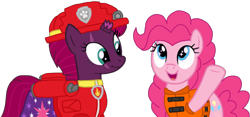 Size: 2304x1080 | Tagged: safe, artist:徐詩珮, derpibooru import, fizzlepop berrytwist, pinkie pie, tempest shadow, earth pony, pony, unicorn, series:sprglitemplight diary, series:sprglitemplight life jacket days, series:springshadowdrops diary, series:springshadowdrops life jacket days, alternate universe, base used, clothes, cute, diapinkes, duo, female, lesbian, lifejacket, mare, marshall (paw patrol), paw patrol, shipping, simple background, tempestpie, transparent background