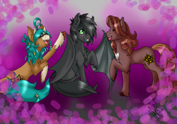 Size: 1500x1050 | Tagged: safe, artist:mikomiichu, derpibooru import, oc, oc:duskhoof, oc:mikomiichu, oc:molasses candy, bat pony, pony, unicorn, birthday, bovine, bovine horns, coming out gay, curved horn, female, gay, horn, jingle bells, male, simple background