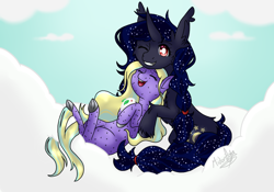 Size: 1000x700 | Tagged: safe, artist:mikomiichu, derpibooru import, oc, pony, unicorn, cloud, duo, ethereal mane, friendship, frog (hoof), on a cloud, one eye closed, signature, starry mane, underhoof, wink