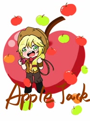 Size: 1011x1350 | Tagged: safe, artist:sunset_tsuruwa, derpibooru import, applejack, human, apple, blushing, food, humanized, smiling, that pony sure does love apples