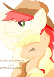 Size: 2852x4096 | Tagged: safe, artist:j5ajj, derpibooru import, applejack, bright mac, earth pony, pony, applejack's hat, cowboy hat, digital art, eyes closed, father and child, father and daughter, female, freckles, hat, japanese in the desciption, male, parent and child