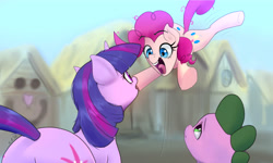 Size: 5000x3000 | Tagged: safe, artist:xbi, derpibooru import, pinkie pie, spike, twilight sparkle, unicorn twilight, dragon, earth pony, pony, unicorn, friendship is magic, both cutie marks, jumping, pinkie pie and twilight sparkle first meeting, scene interpretation, shocked expression, tabun art-battle finished after