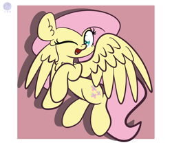 Size: 3040x2560 | Tagged: safe, artist:kimjoman, derpibooru import, fluttershy, pegasus, pony, cute, ear fluff, female, flying, high res, mare, one eye closed, open mouth, shyabetes, solo, wink