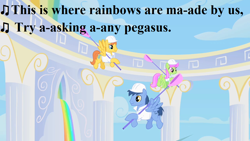 Size: 1280x720 | Tagged: safe, derpibooru import, edit, edited screencap, screencap, blues, merry may, noteworthy, warm front, pegasus, g3, greetings from unicornia, sonic rainboom (episode), clothes, cloudsdale, g3 to g4, generation leap, lyrics, pegasus noteworthy, race swap, rainbow, song reference, text, uniform, weather factory, wish you were here (song)