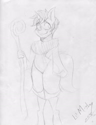 Size: 2521x3271 | Tagged: safe, artist:lil miss jay, derpibooru import, oc, oc only, oc:mcfinnigan the mage, anthro, unguligrade anthro, unicorn, emw:mmmm, pencil drawing, staff, traditional art