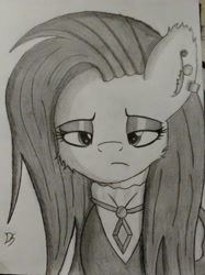 Size: 1836x2450 | Tagged: safe, artist:dandereshy, derpibooru import, fluttershy, pegasus, pony, bust, cheek fluff, clothes, ear fluff, ear piercing, earring, female, fluttergoth, frown, jewelry, makeup, monochrome, pencil drawing, pendant, piercing, solo, traditional art, unamused