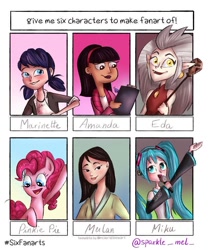 Size: 818x977 | Tagged: safe, artist:sparkle_mel_, derpibooru import, pinkie pie, earth pony, human, pony, bust, clipboard, clothes, crossover, dark skin, eda, female, hairband, hatsune miku, looking down, mare, marinette dupain-cheng, microphone, milo murphy's law, miraculous ladybug, mulan, ope, singing, six fanarts, smiling, staff, the owl house, vocaloid