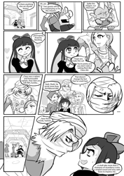 Size: 800x1132 | Tagged: safe, artist:triple-q, derpibooru import, spike, dragon, human, anarchy stocking, clothes, comic, female, kirby, male, meta knight, monochrome, panty and stocking with garterbelt, sheik, the legend of zelda