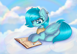 Size: 4092x2893 | Tagged: safe, artist:janelearts, derpibooru import, oc, pegasus, pony, book, cloud, commission, eye clipping through hair, female, mare, prone, reading, solo