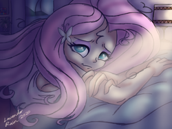 Size: 1024x768 | Tagged: safe, artist:lavenderrain24, derpibooru import, fluttershy, equestria girls, bed, female, lidded eyes, sleepy, solo