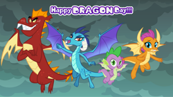 Size: 1280x719 | Tagged: safe, artist:andoanimalia, derpibooru import, garble, princess ember, smolder, spike, dragon, cute, dragon day, dragon lands, dragoness, emberbetes, female, gardorable, male, sky, smolderbetes, spikabetes, winged spike