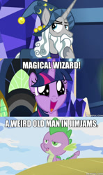 Size: 600x1012 | Tagged: safe, derpibooru import, edit, edited screencap, screencap, spike, star swirl the bearded, twilight sparkle, twilight sparkle (alicorn), alicorn, dragon, shadow play, winter wrap up, caption, image macro, text, the owl house, twilight's castle