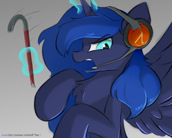 Size: 1000x800 | Tagged: safe, artist:d.w.h.cn, derpibooru import, princess luna, alicorn, pony, angry, chest fluff, crowbar, ear fluff, female, frown, gamer luna, glare, gray background, half-life, headphones, headset, leg fluff, levitation, looking at you, magic, mare, microphone, nightmare luna, nose wrinkle, open mouth, rearing, simple background, slit eyes, solo, spread wings, telekinesis, wings