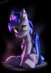 Size: 1900x2700 | Tagged: safe, artist:shido-tara, derpibooru import, oc, oc only, oc:night vision, bat pony, bat pony oc, bat wings, cute, fangs, gift art, looking at you, simple background, sitting, smiling, solo, wings