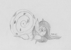 Size: 2844x2015 | Tagged: safe, artist:wapamario63, fluttershy, pegasus, pony, acting like a snail, cute, fluttersnail, monochrome, shyabetes, solo, traditional art