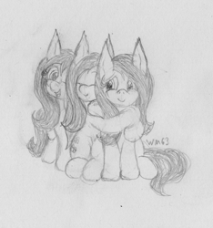 Size: 2267x2424 | Tagged: safe, artist:wapamario63, fluttershy, pegasus, pony, clone, clones, cute, female, hug, hugging herself, hugging herself and herself, mare, monochrome, selfcest, shyabetes, traditional art, wat, weapons-grade cute, wtf