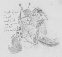 Size: 2507x2279 | Tagged: safe, artist:wapamario63, fluttershy, twilight sparkle, twilight sparkle (alicorn), alicorn, pegasus, pony, costume, cute, dialogue, hug, ladybug costume, monochrome, scared, twilight hates ladybugs