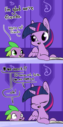 Size: 1650x3300 | Tagged: safe, artist:dsp2003, artist:tjpones, edit, spike, twilight sparkle, twilight sparkle (alicorn), alicorn, dragon, pony, 2018, alternate ending, bait and switch, book, chest fluff, comic, dialogue, ear fluff, everything is fixed, exclamation point, female, good end, interrobang, male, mare, open mouth, question mark, scared, shrunken pupils, signature, spikelove